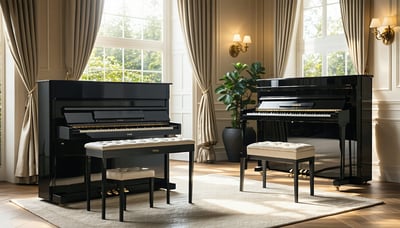 Yamaha Kemble acoustic and digital pianos showcased in an elegant music room Yamaha Kemble acoustic and digital pianos showcased in an elegant music room