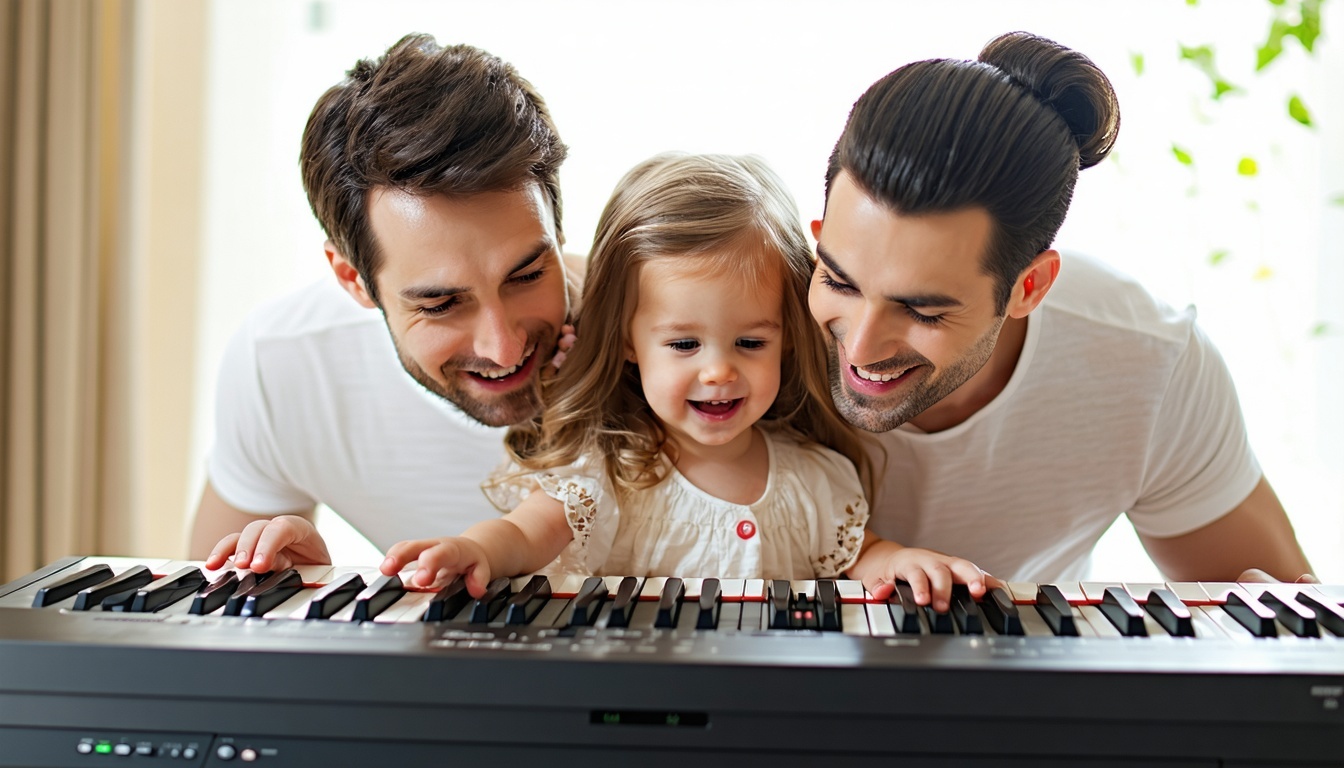 Family enjoying music together on a Yamaha Kemble piano